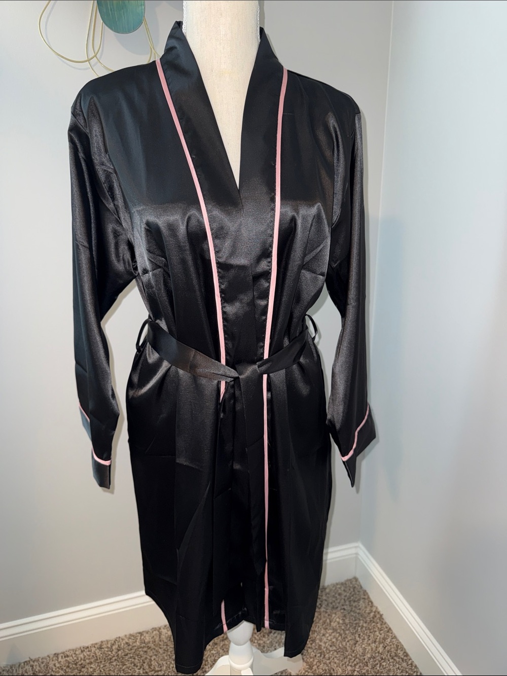 Black Satin Robe with Pink Trim - Women’s Intimates